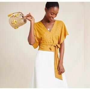 CURRENT AIR |  Mustard Leopard Wrap Top Leopard Jacquard Flutter Sleeve- Size XS